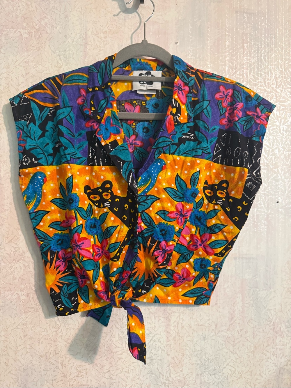 Vtg Hilo Hattie Tropical Tie-Front Crop Top in Orange, Teal, Purple, Summertime